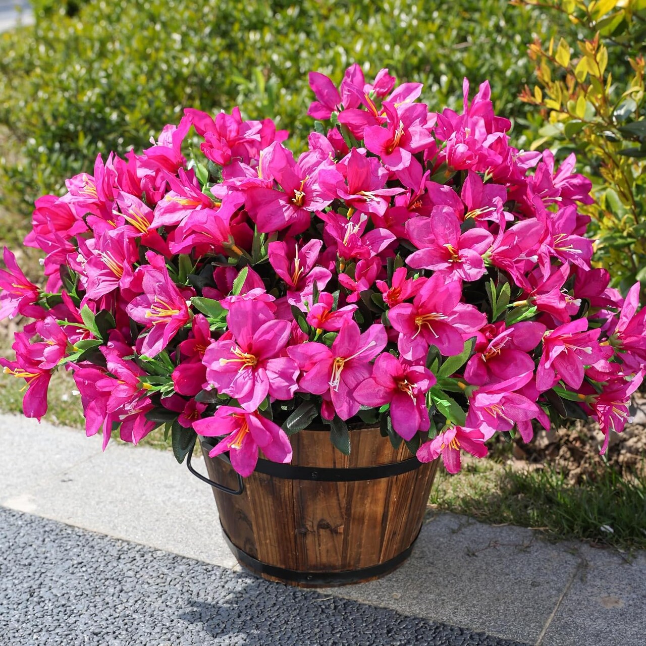 3-Bundle Artificial Outdoor Azalea Flowers – UV-Resistant Faux Silk Bouquets for Planters, Front Door, Patio, Garden, Walkways, and Home Decor (Fuchsia)